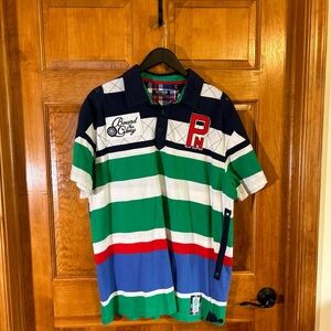 Parish Nation Men’s Striped Big Logo W/Lots of details Polo XL-EUC